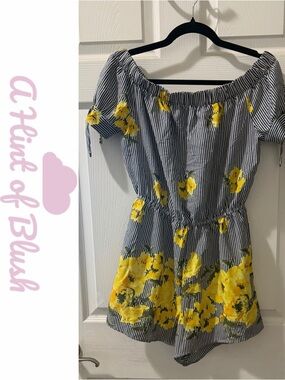 Blush Navy and White Striped Off-Shoulder Romper with Yellow Floral Accent